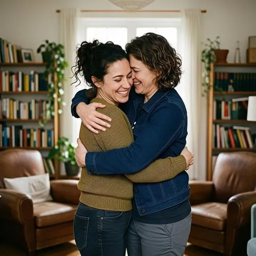 Dos mujeres parca con senos enormes abrazándose fuertemente con pasión carnal. Sexys escotes. Senos gigantes. Cercanas y pasionales, lesbianas.,a couple hugging and posing for the camera,two girls,mot