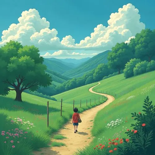 kaling,a girl in the forest walking towards the sun,landscape background,pathway,springtime background,hiking path,walking in a spring,path