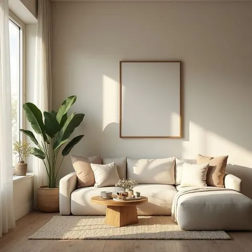 Imagem de um cenário védico minimalista  uma sala de estar ,living room with sofa, coffee table and painting,modern decor,modern minimalist lounge,soft furniture,contemporary decor,interior decor,dani