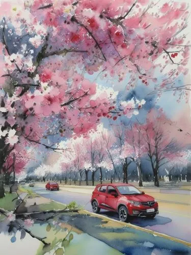 Акварель, вишня цветет, красный автомобиль,a painting shows a cherry blossom tree and a red car,cherry blossom tree-lined avenue,the cherry blossoms,cherry blossoms,cold cherry blossoms,cherry trees,c