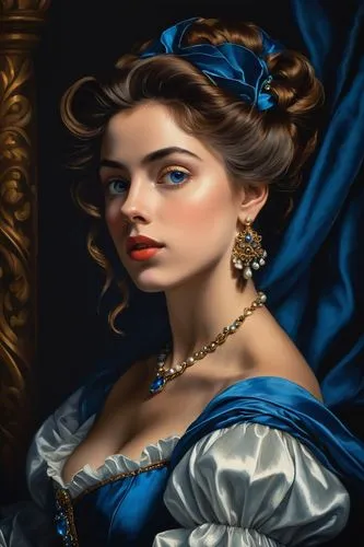 Baroque Portrait of Cindirella from Disney. Her skin glows with an ethereal light. Her eyes are a deep bright blue with a mysterious and magnetic gaze. The background is plain and she is sitting and w