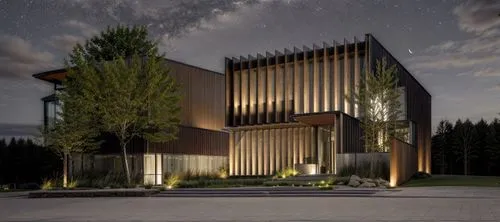 (at night:1.6),modern house,3d rendering,modern architecture,mid century house,build by mirza golam pir,corten steel,dunes house,timber house,forest chapel,wooden facade,render,crown render,archidaily