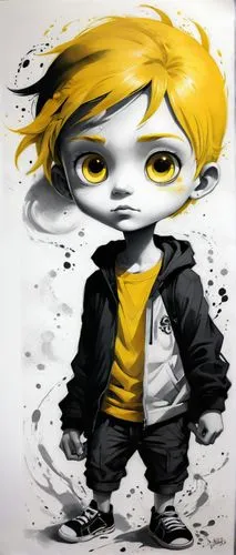 By Tun Tun,  Create tattoo design, yellow,  black and white , Casper boy Cartoon. Please provide an in-depth critique of my artwork. Assess the composition, balance, and use of color, discussing how t