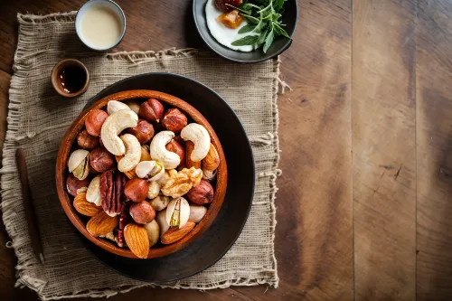Top View，Food Photography, Jane Smith, Rustic, Entire spread, Ceramic bowl, wooden serving board, cast iron pot, Dark wood table, burlap table runner, Warm and cozy, Comforting and homey, trending on 