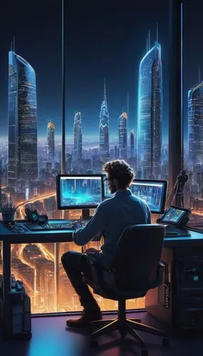 Modern software design, futuristic architecture style, sleek lines, metallic materials, neon lights, urban cityscape, skyscraper, night scene, panoramic view, 3/4 composition, cinematic lighting, high