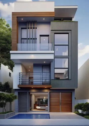 vivienda 3 niveles , contemporánea, moderna,a modern house with a pool and deck leading to the upper level,modern house,modern architecture,duplexes,two story house,residential house,smart house,moder