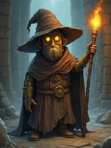 A cartoon drawing of an old warforged wizard. He is made of wood and metal with no skin, hair, eyes, or mouth. His hat covers most of the top half of his face and two eyes, which has a yellow gems in 