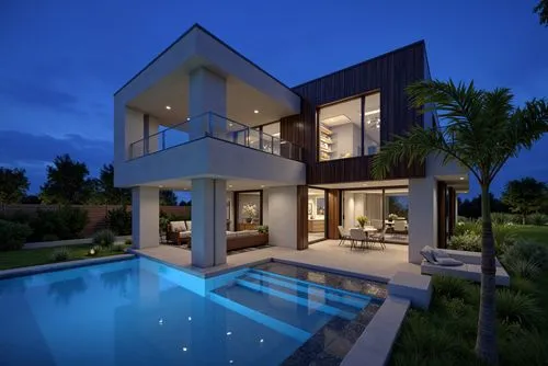 A photo-realistic rendering of a modern two-story house with a contemporary design, featuring a large rectangular pool in the backyard at night. the house is located in the middle of the image, surrou