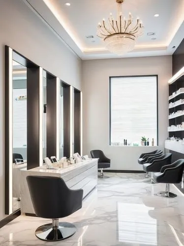 Modern beauty clinic, luxurious interior, white marble floor, elegant chandelier, minimalist reception desk, sleek black chairs, spotless mirrors, LED light therapy machines, facial steamer, skincare 