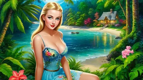 Romantic masterpiece oil painting, cute girl portrait, nostalgic 1950's style kitsch, vibrant rainforest landscape, lush tropical jungle paradise, summer beach cottage scenery, by Thomas Kinkade, by B