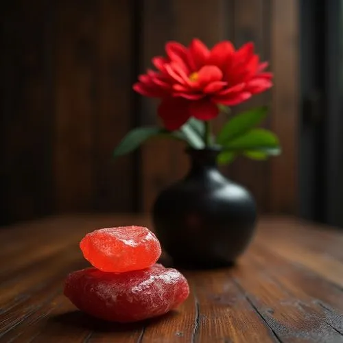 exclusive red chalk stone elegant decoration on table,delicate red flower in black vase
,there is a black vase on the table with a red flower in it,rose petals,carnation stone,rose fruit,lotus stone,m
