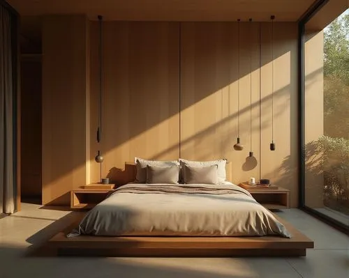  interior design,a bed in the center of a bedroom with large windows,japanese-style room,bedroom,amanresorts,sleeping room,bedrooms,wooden wall,Photography,Documentary Photography,Documentary Photogra