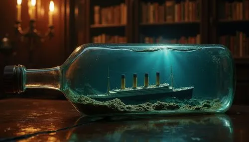 A 17th century English study, richly decorated with dark wood furniture, brass accents and shelves filled with old books. A regular sized rectangular glass bottle of vodka lies horizontally on an orna