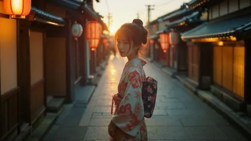 Kyoto night, lowlights,a woman in kimono walking on a narrow path,kimono,geisha girl,geisha,kimonos,rising sun,street lantern,oriental girl,kimono fabric,girl walking away,kabuki,japan,girl in a histo