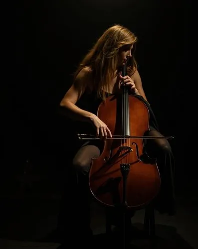 A photograph of a beautiful young caucasian woman with long brown hair sitting on a stool with a cello, playing the instrument on a dimly lit stage in a dark theater. She is wearing a black swimsuit a