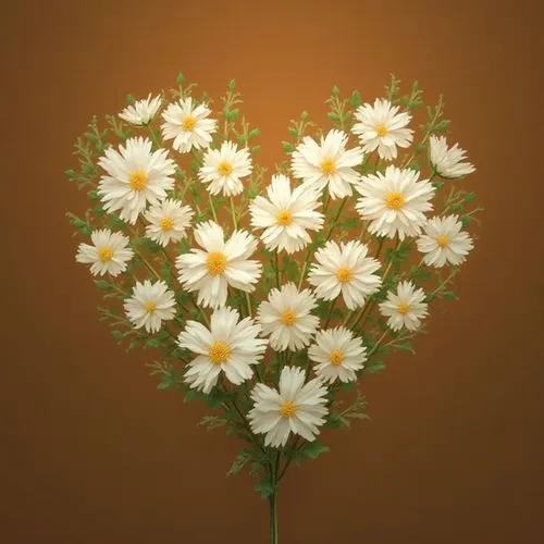 Create a heart-shaped artwork featuring white flowers intertwined with delicate green leaves. Set against a warm, rich brown background that enhances the floral design. Use a minimalist style with bol