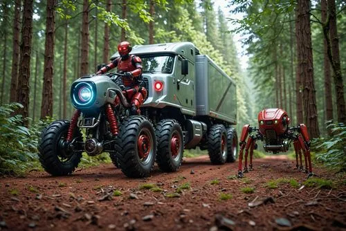 A photorealistic sci-fi truck, a motorcycle and it's rider and mini red robots with legs in a passing through a forest, high resolution, rgb lighting, highly detailed, 8k, sharp focus, bokeh blur, wor