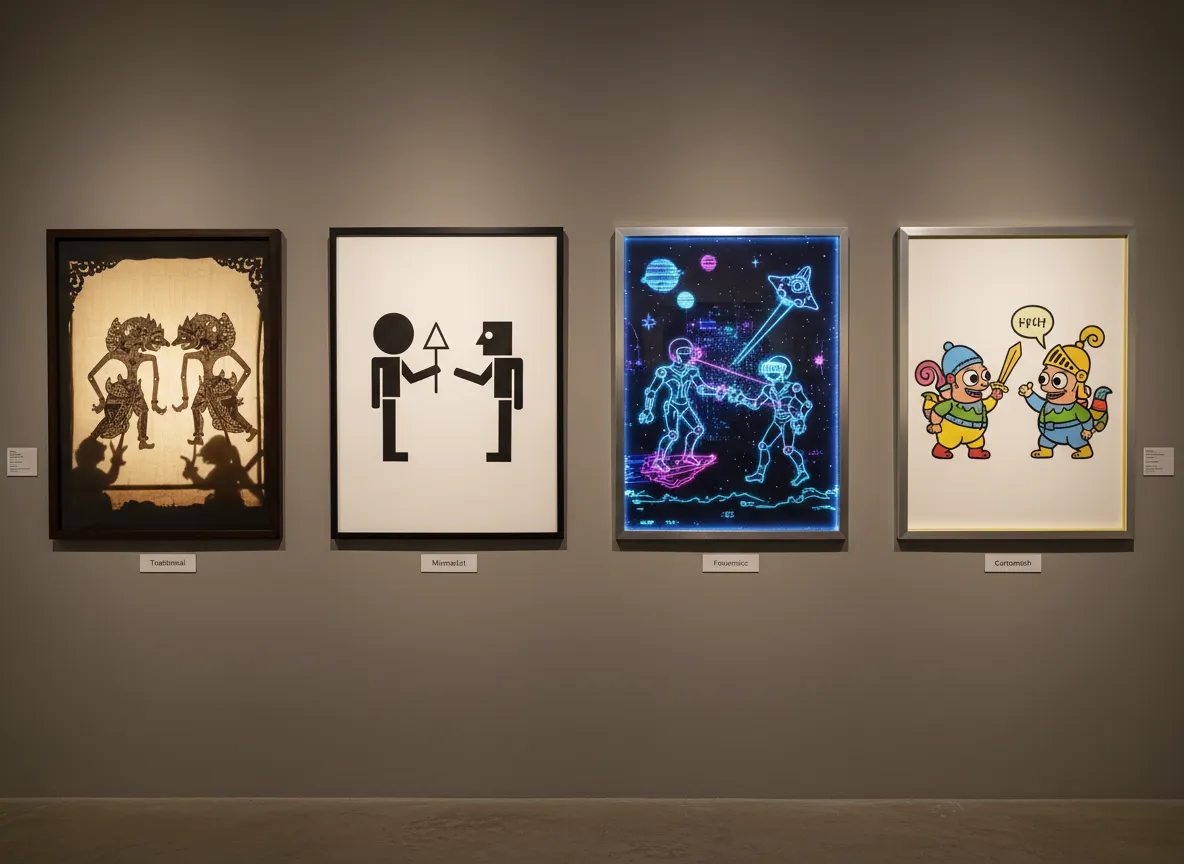 Una vista a galleria di quattro diverse immagini di teatro delle ombre, ognuna in uno stile unico: tradizionale, minimalista, futuristico e cartoonesco.