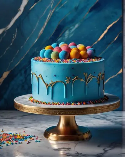 Delicious ai cake, futuristic dessert, glowing blue circuits, sweet creamy frosting, colorful sprinkles, metallic cake stand, sleek modern kitchen, marble countertop, spot lighting, 3/4 composition, s