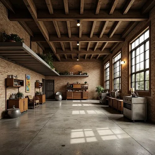 Rustic garage interior, industrial metal beams, concrete floors, vintage car displays, wooden toolboxes, metallic equipment, distressed brick walls, earthy color tones, warm beige accents, rich wood t