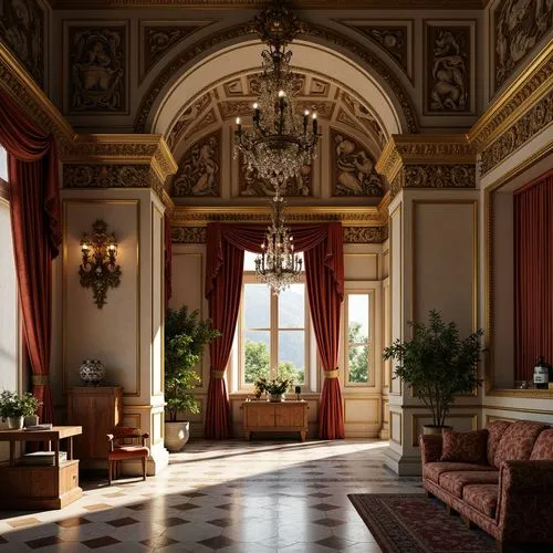 Richly ornamented palace, intricately carved stone walls, ornate wooden doors, polished marble floors, lavish furnishings, velvet drapes, golden accents, crystal chandeliers, luxurious fabrics, soft w