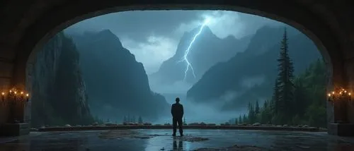Men standing inside a great, fancy hall dimly lit, admiring the storm outside: A lighting crosses the night sky to meet with the top of a mountains, heave rain, wild view of cliffs and tall green tree