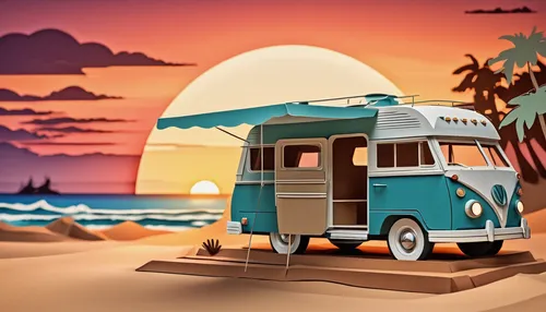 Visualize a retro-style camping car on a sandy beach at sunset.,travel trailer poster,camper on the beach,campervan,piaggio ape,travel trailer,camper van isolated,vwbus,ice cream van,restored camper,f