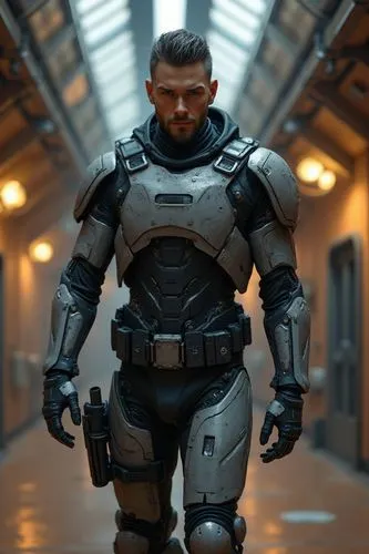 Science fiction scene. Space. Exploration robots, Mars. Living quarters with lights and headlights. Photo. Hyper-realistic image. Perfect.,a man in costume walking on a tiled floor,war machine,enforce