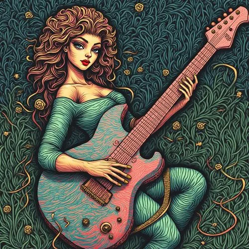 A surreal composition drawn with ink marker technique using perfect horizontal lines. A guitar woman holds a stylized electric guitar, both abstracted into solid gradient spheres (blue, red, and green