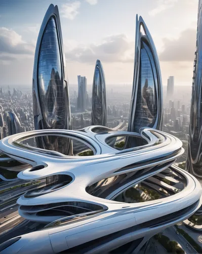 Design an zaha hadid 3D rendering of a futuristic cityscape.,futuristic architecture,futuristic landscape,futuristic art museum,futuristic,sky space concept,solar cell base,futuristic car,alien ship,l