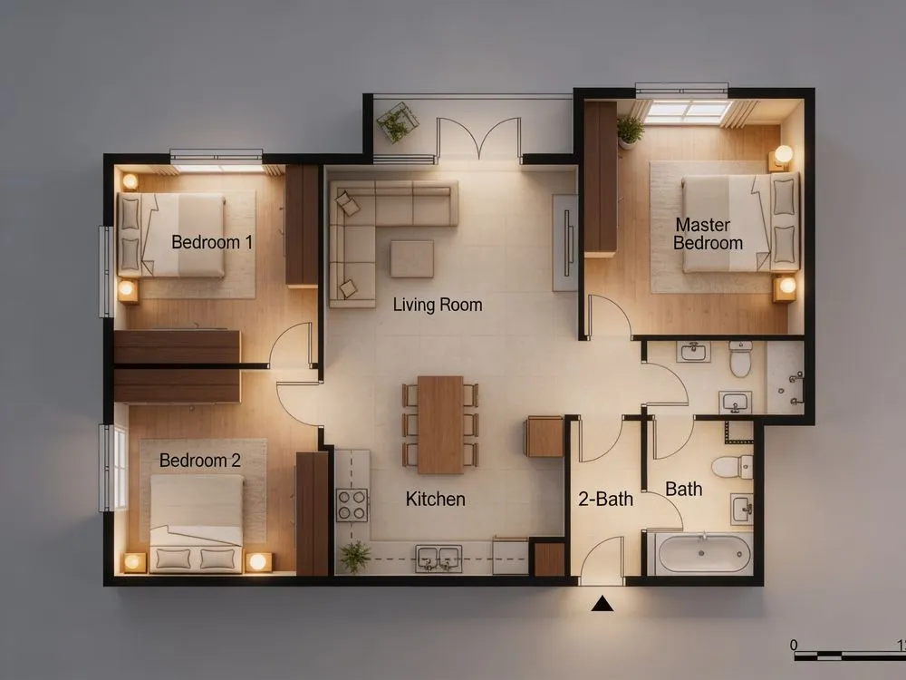 three bedroom apartment floor plan with two baths