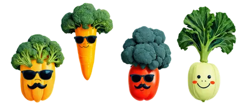 Vibrant colorful vegetables, cartoon style, exaggerated features, smiling faces, anthropomorphic, broccoli with sunglasses, carrot with a hat, bell pepper with a bow tie, tomato with a mustache, leafy