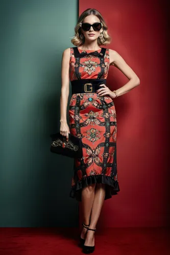 just increase image quality,a woman in a red and black cocktail dress ,vintage fashion,fashion doll,lady in red,doll dress,vintage dress,dress walk black,fashion vector,retro woman,sixties,50's style,