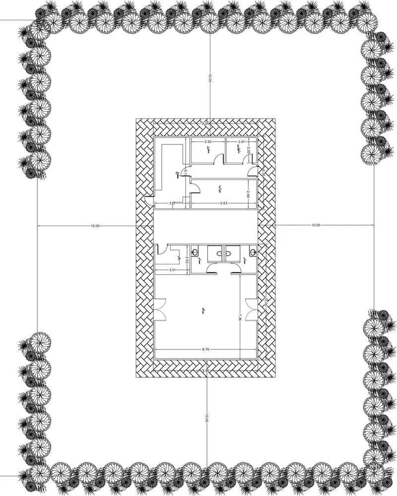 Furnishing plan for the dining room, kitchen, and bathrooms