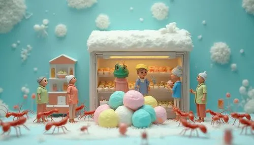 Inside a giant ice cream freezer, a whimsical scene unfolds: miniature people and friendly ants gather together to taste and enjoy colorful scoops of ice cream. The setting is playful and surreal, wit
