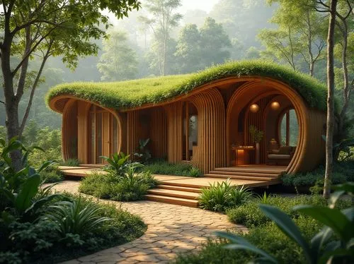 Bamboo structure, sustainable material, modern architecture, eco-friendly building, natural texture, woven pattern, green roof, curved lines, minimalist design, natural light, airy atmosphere, tropica