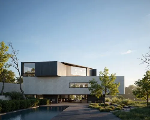 A photo-realistic shoot from a bird's eye view about a modern, minimalist house with a contemporary design, situated on a hillside with a clear blue sky in the background. the image also shows a seren