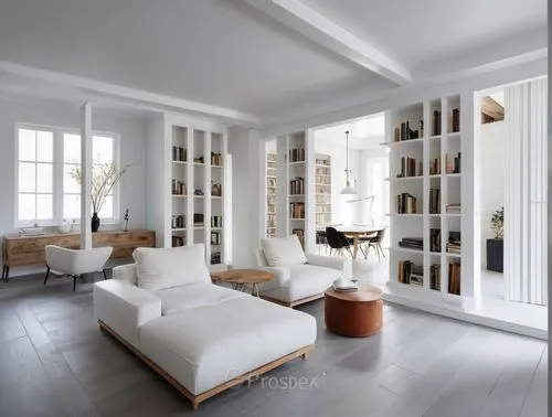 An ethereal photograph, A detailed, serene oil painting: In a contemporary, the walls are finished with white painted wooden beams. Gray wooden floors with rustic textures. Modern shelves with books i