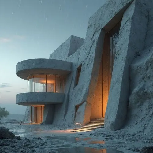 A detailed rendering of a circular building made of glass and metal materials, positioned on the lunar surface for astronaut habitation, with intricate architectural designs and advanced structural el