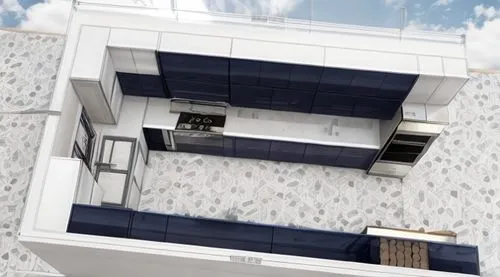white table and navy blue full 
kitchen,sky apartment,block balcony,folding roof,facade insulation,cubic house,ceiling ventilation,flat roof,3d rendering,prefabricated buildings,core renovation,house 