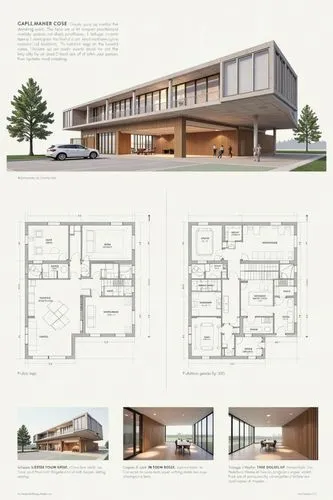 A professional architectural presentation board with a Pure background and a clean, minimalist design layout. The board includes:

Top Section: On the top left, a photorealistic render of a contempora