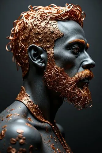 A captivating abstract artwork featuring a man's profile with a coal-colored face and intricate copper wire beard. His unique copper plate hairstyle adds a mechanical touch to the portrait. The striki