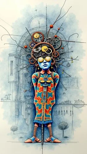 a woman with a strange head is holding a lamp,high-wire artist,automaton,graffiti art,kids illustration,industrialist,abstract cartoon art,clockwork,spaceman,aquanaut,illustrators,cosmonaut,straw man,