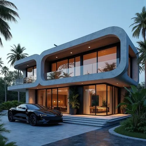 A hyper-realistic, high-resolution architectural photograph of an ultra-modern, luxury residence at dusk, showcasing a sleek, curvilinear façade composed of smooth stone panels, dark metal accents, an
