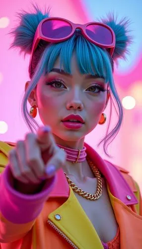 a woman wearing bright pink sunglasses pointing at soing,bubblegum,jinx,vi,neon,pastel wallpaper,neon tea,neon colors,rapscallion,bubble gum,pink background,pink lemonade,cyberpunks,neon candies,finge