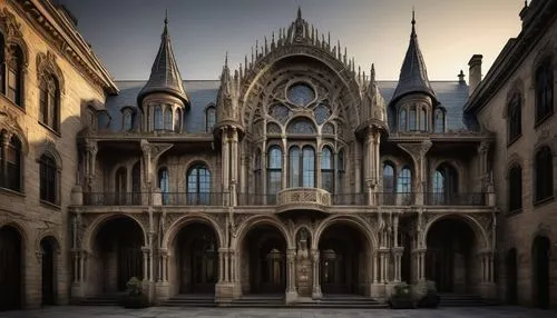 Baroque quoins, ornate carvings, rusticated stone walls, grand entrance, arched windows, balconies with intricate metalwork, Gothic spires, Romanesque columns, symmetrical facade, Renaissance-inspired