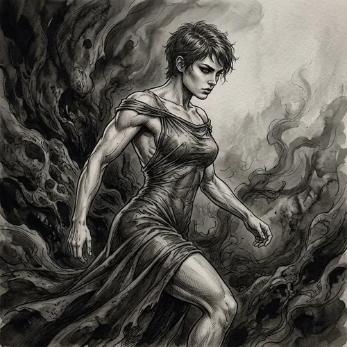 (LUIS ROYO style, fine ink drawing, slim black ferrofluid ink outlines,)
. A muscular girl emerges from a dark, textured background, exuding strength and dynamism. The subject wears a fitted gown that