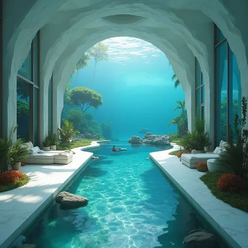Develop a villa with a private aquarium, glass tunnels through the water, and marine-themed interiors.,this is a pool with several large windows at the end,underwater oasis,underwater playground,under