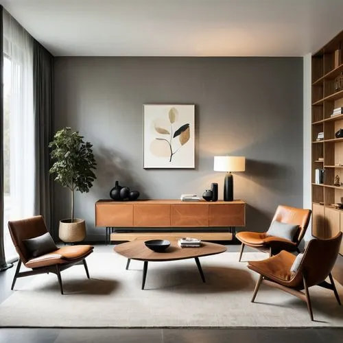 Create a photorealistic portrait of a Generation X individual situated in a spacious and stylish living room that reflects the concept of quiet luxury and eco-conscious consumption. The background sho