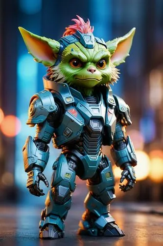 Leica portrait of a gremlin monster wearing a coat, coded patterns, sparse and simple, uhd image, urbancore, sovietwave, period snapshot,a green action figure stands on the ground,goblin,ogre,arbiter,